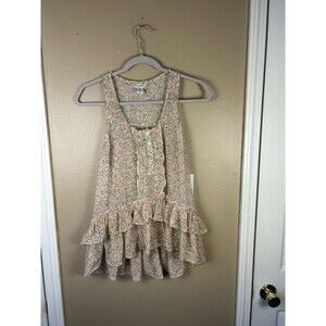 Womens Y2K Pink Floral Top Tank Small Ruffles Cottage Preppy Coquette Sheer